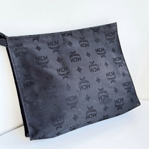 MCM Black Nylon Monogram Visetos Pouch with Gold Accents Unisex Travel Bag